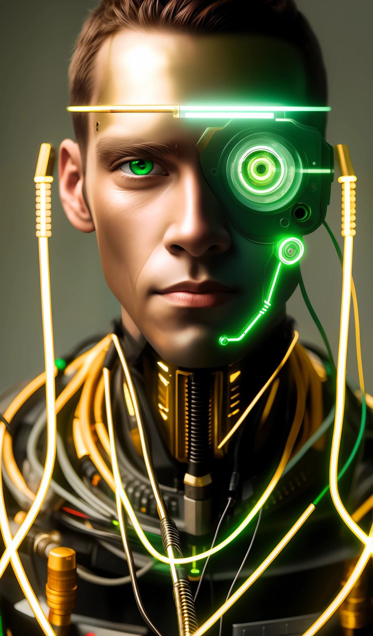 Homem Ciborgue Tiro Médio, olhos verdes, Macacão, rosto de modelo, Fios expostos, Óleo de ouro escapando de fios enferrujados
