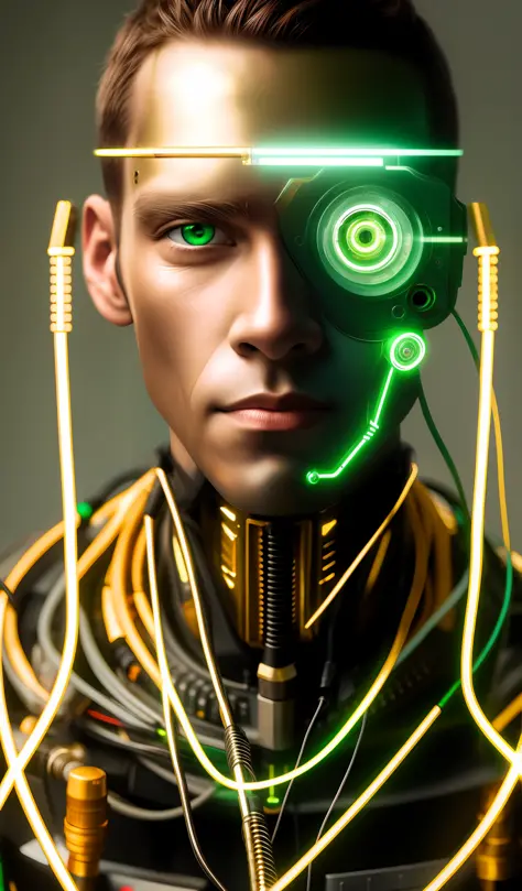 Cyborg Man Medium Shot, Green Eyes, Overalls, Model Face, Exposed Wires, Gold Oil Escaping from Rusty Wires
