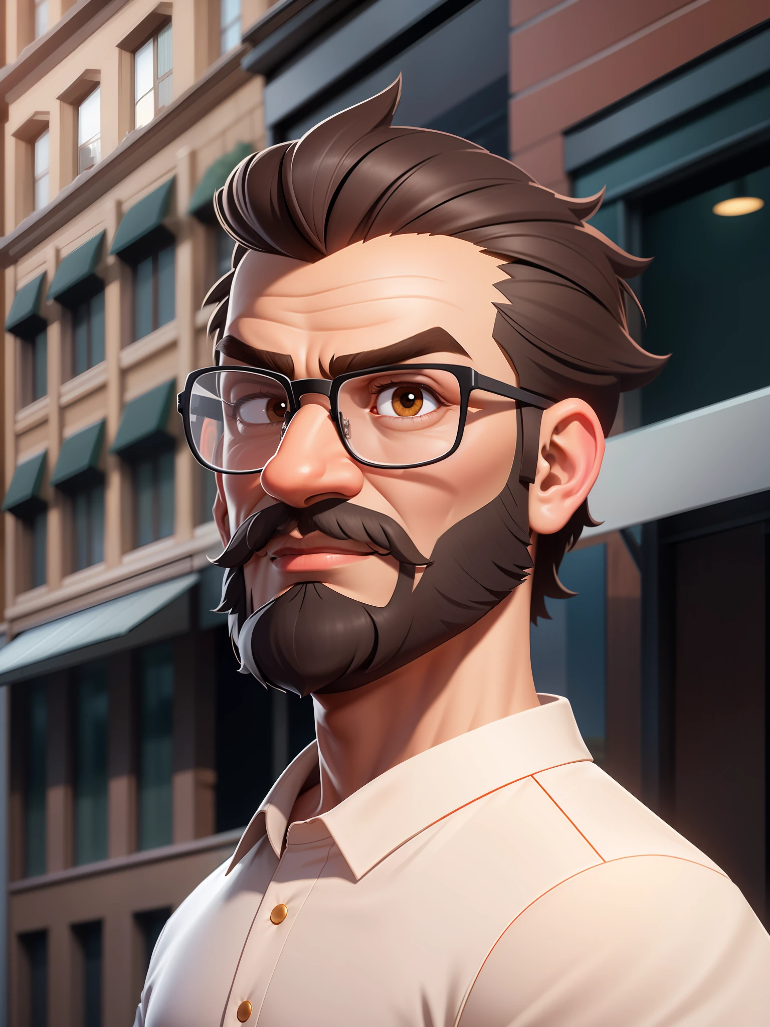 HD, (best detail) (best quality), detailed facial features, with a man with glasses and a beard standing in front of the building, cartoon