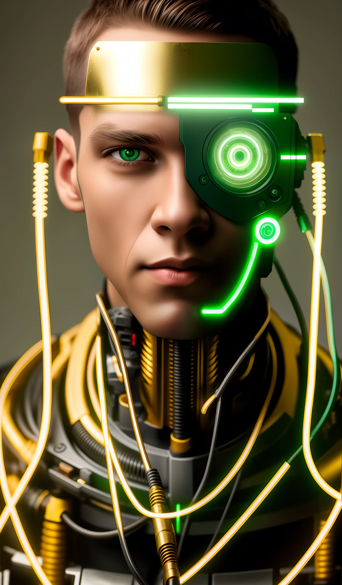 Homem Ciborgue Tiro Médio, Cabeça cheia, olhos verdes, Macacão, rosto de modelo, Fios expostos, Óleo de ouro escapando de fios enferrujados