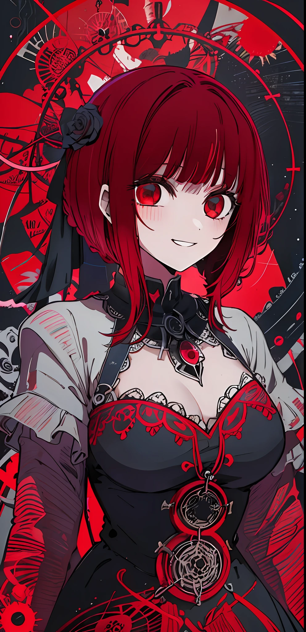 girl, red, black, circle background, dream catcher on background, scary smile, eerie, sharp eyes, beautiful, black rose, masterpiece, absurdres, red hair, red eyes, medium breast