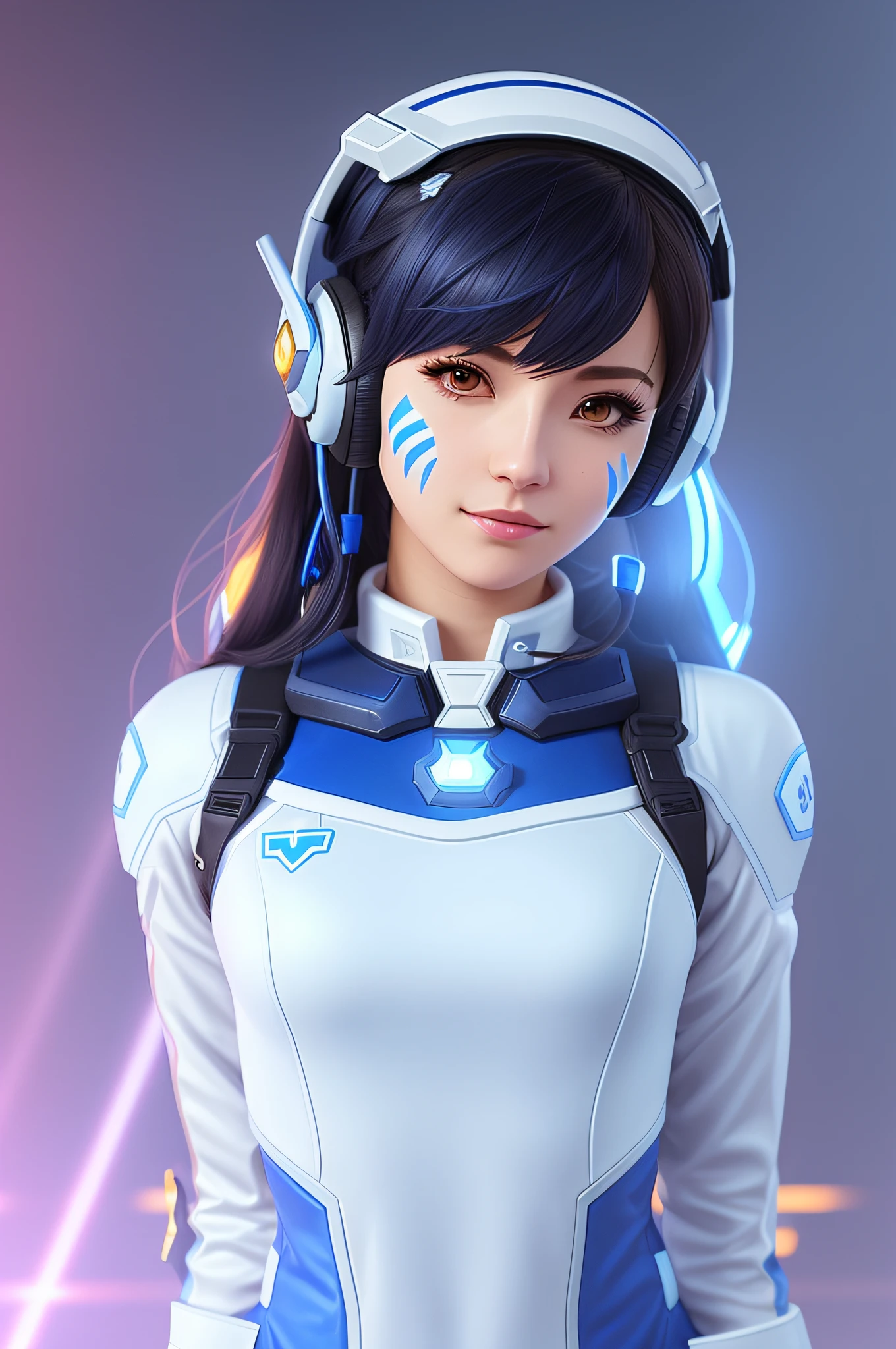 Arad woman in blue and white uniform with headphones, D. VA from Overwatch, Echo from Overwatch, as Overwatch character, Overwatch inspired, from Overwatch, as Overwatch character, Overwatch style, Overwatch fanart, inspired by Leng Mei, portrait anime space cadet girl, Overwatch character, Mei portrait in Overwatch, realistic anime girl rendering, huge bust