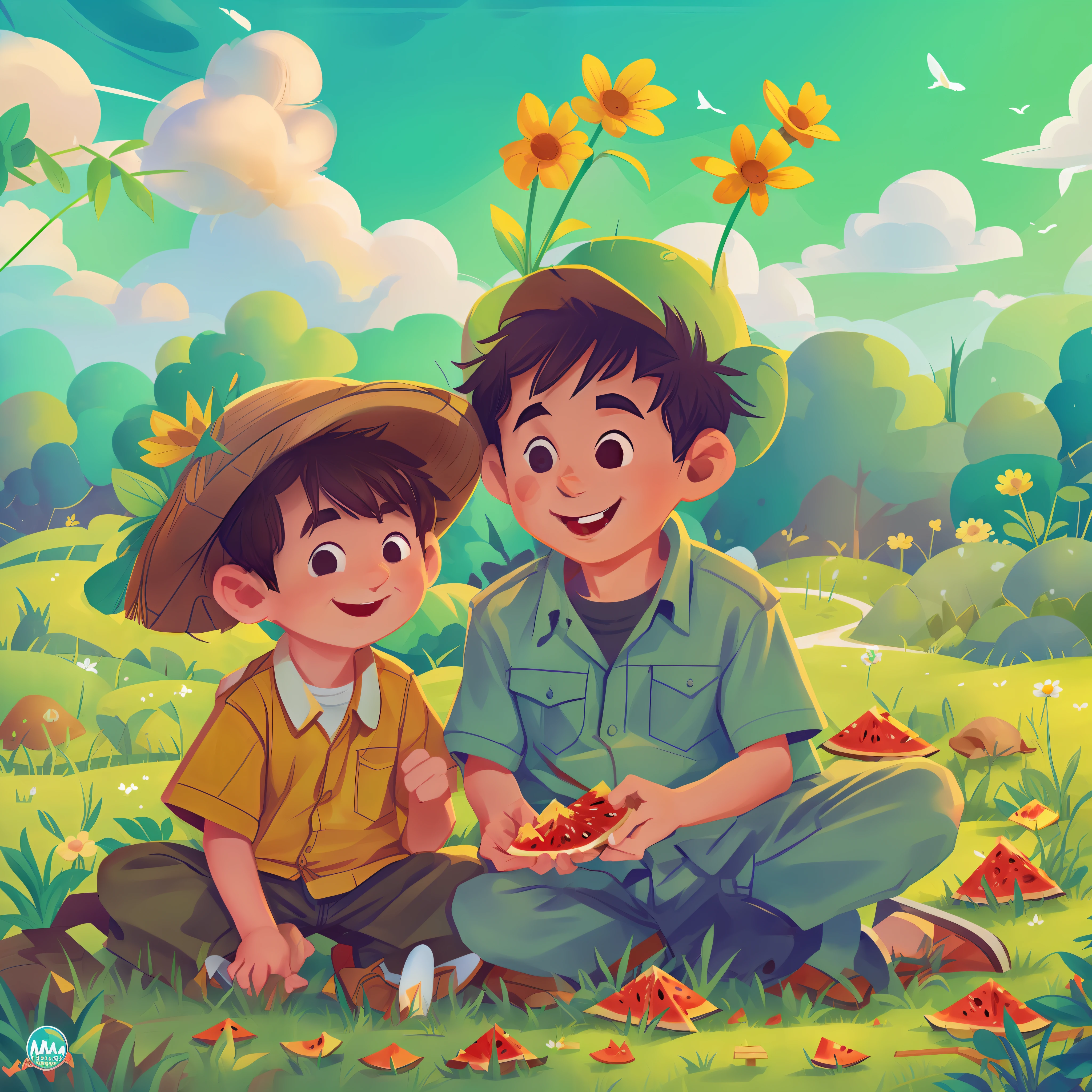 (Masterpiece, best quality), little boy with kind old grandpa eating watermelon in the yard, smiling, fine facial features, full yard of plants, grass, countryside, clouds, sun, clean blue sky, two people talking happily, summer