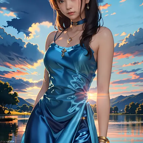 Girl in blue dress standing by lake at sunset, detailed realistic landscape, 16k high quality detailed view,
