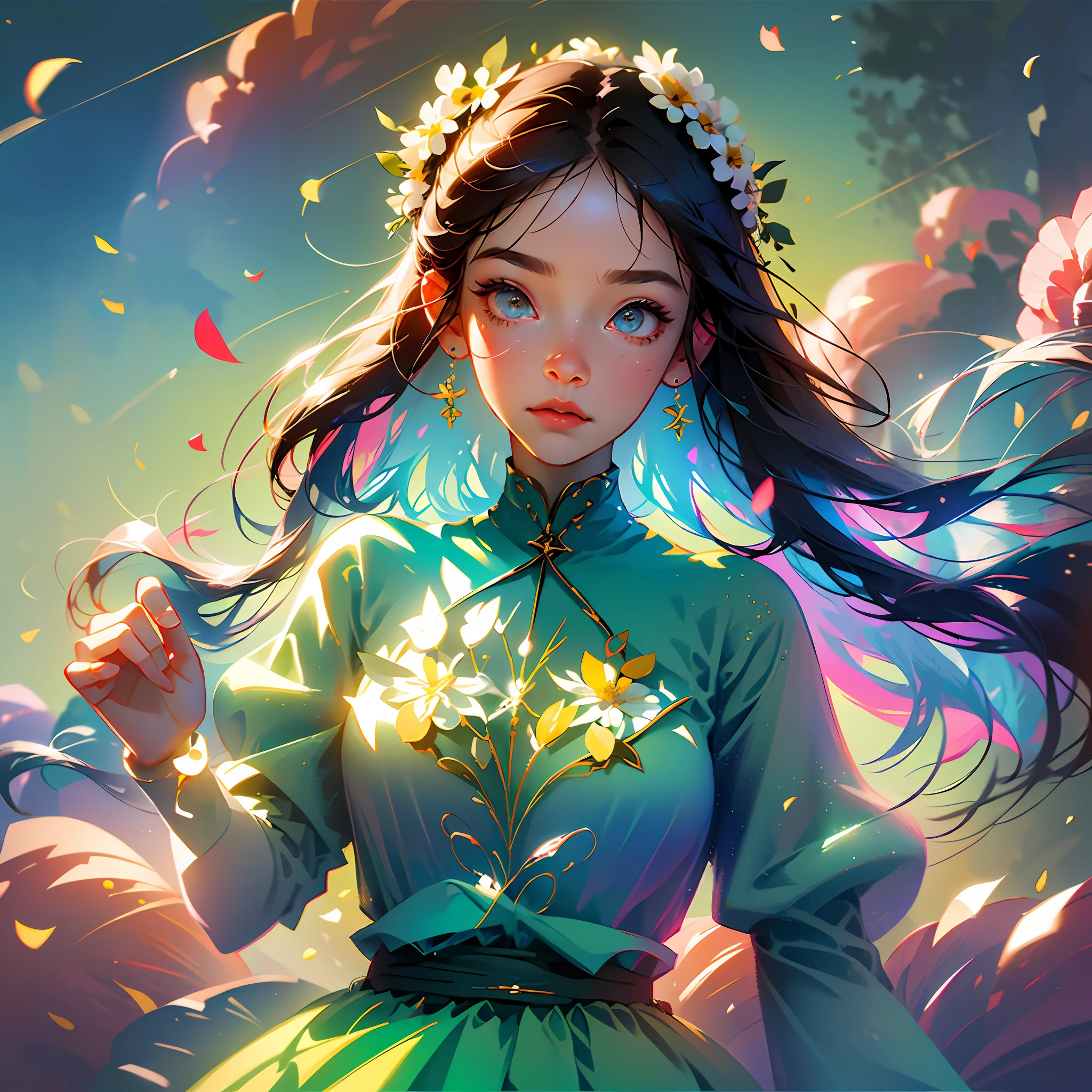 A girl holding flowers, colorful balloons floating in the sky, meadow, dancing, holding flowers, happy, happy, perfect quality, clear focus (clutter-home: 0.8), (masterpiece: 1.2) (Realistic: 1.2) (Bokeh) (Best quality) (Detailed skin: 1.3) (Intricate details) (8K) (Detail Eyes) (Sharp Focus), (Happy) --auto --s2