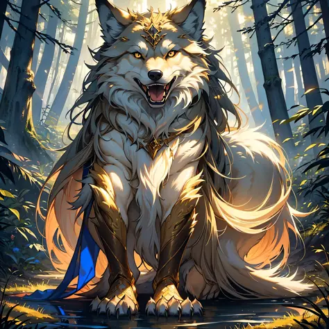 1 she-wolf, open your mouth, show your fangs, tall and mighty, strong limbs, mighty and domineering, forest, full body photo, (with full golden fur and delicate fur), (ethereal light), (mysterious atmosphere), (intricate details), (magical symbols), (divin...
