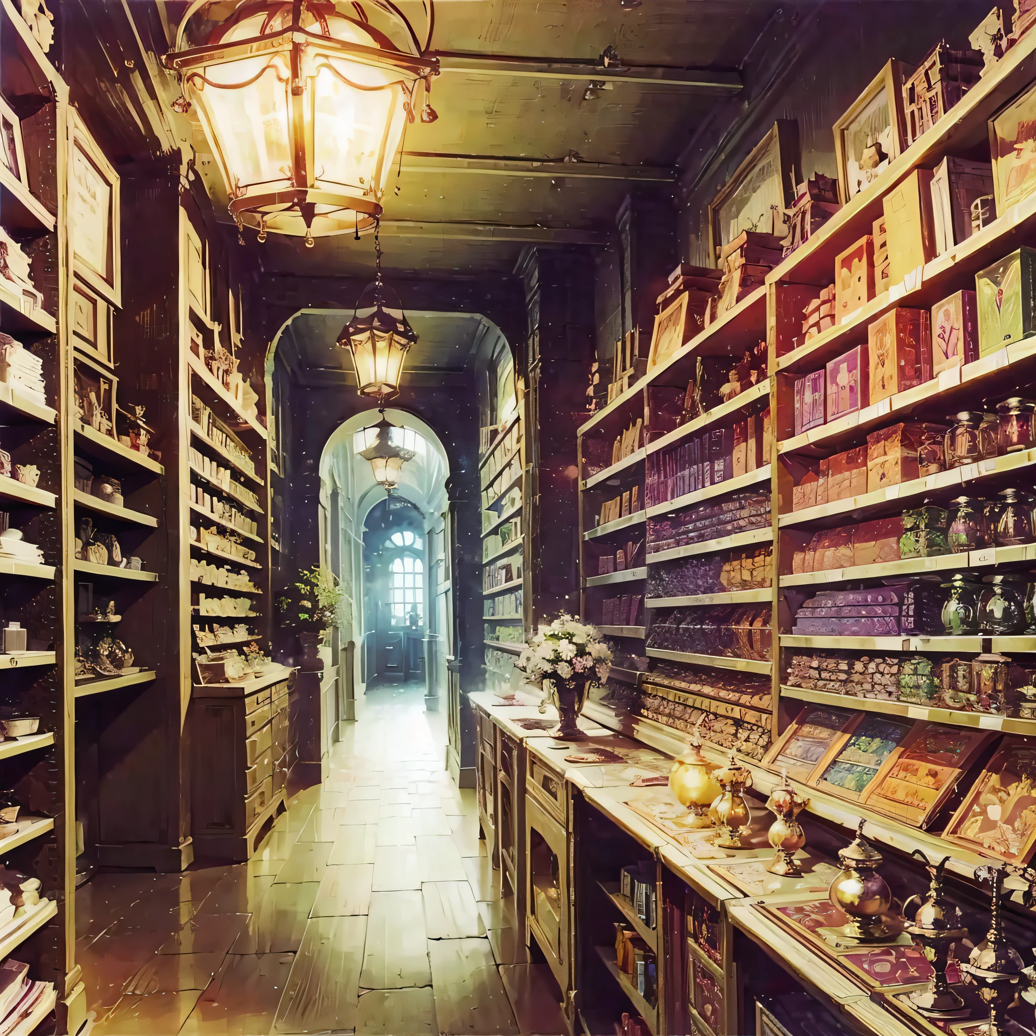 It generates the image of a man, the clerk of a magical store. in the realistic style. The focus of the image is a massive diamond that is inside the store at a central point. The store resembles an antique shop due to the items it has there. The magical objects, lush plants and the enigmatic atmosphere should create a sense of fascination and curiosity. Man, with his striking and enigmatic appearance, must be portrayed in detail, conveying wisdom and mystery. The store is full of magical and enchanted objects. On the shelves, crystals glow with a mesmerizing light, emitting a vibrant energy. Exotic and lush plants spread throughout the environment, with vibrant green leaves and dazzling flowers that seem to exude magic. The man wears decent, appropriate, luxurious clothes. The store and its purple and green lights demonstrate that it is a magical shop. These items are used for exchanges that can generate a new life experience for the new owner. Vibrant colors and magic. Store items: Guitar, potted plants, chair, table, book, pot, phone, rug, armor, combs, wardrobe, sandal, crystals, candles, lamps, flower arrangement, cage, harp, boxes, safe. The young person is Brazilian or Latino. --auto --s2