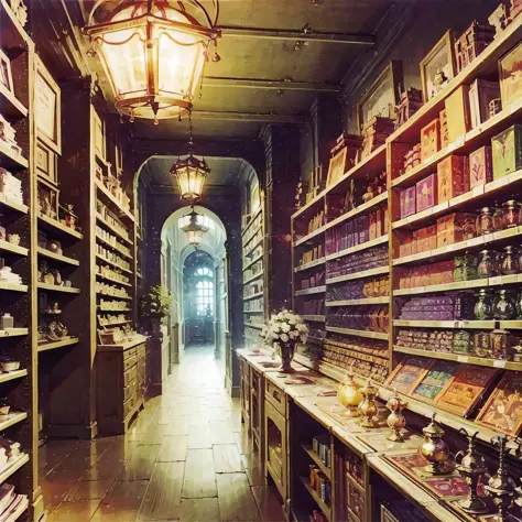 it generates the image of a man, the clerk of a magical store. in the realistic style. the focus of the image is a massive diamo...