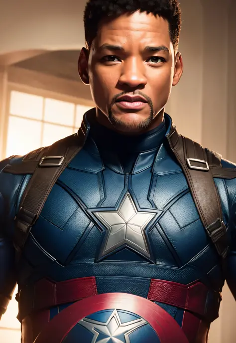 Tarantino style Will Smith as Captain America 8k, high definition, detailed face, detailed face, detailed eyes, detailed suit, in style of marvel and dc, hyper-realistic, + cinematic shot + dynamic composition, incredibly detailed, sharpen, details + super...
