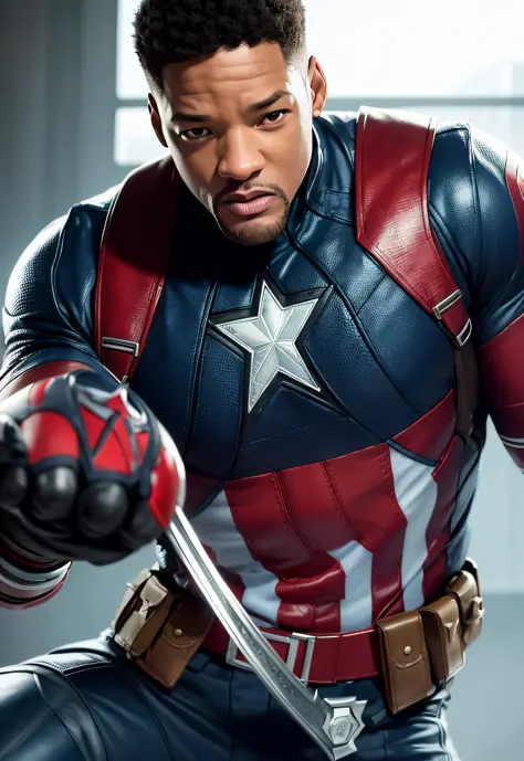Tarantino style Will Smith as Captain America 8k, high definition, detailed face, detailed face, detailed eyes, detailed suit, in style of marvel and dc, hyper-realistic, + cinematic shot + dynamic composition, incredibly detailed, sharpen, details + super...