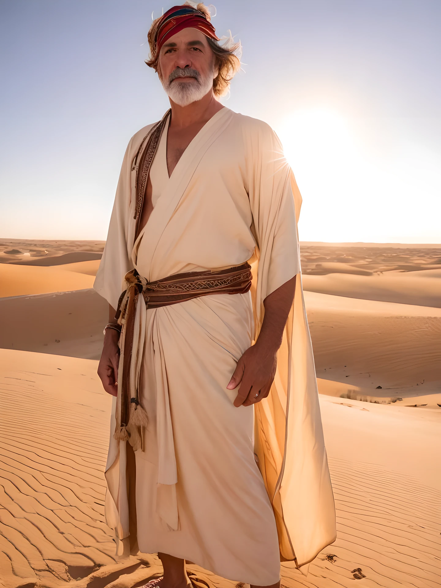 closeup portrait of a man in robes standing on a desert dune, lens flare, sandals, bandana