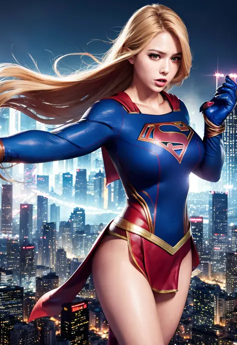 (ultra-realistic), (Supergirl costume dress), (woman body:1.2), (big breasts:1.1), dynamic pose, (flying:1.1), cityscape background, (gritty urban:1.2), (neon lights:1.1), (high contrast:1.2), (vibrant colors:1.1)