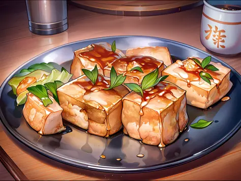 a plate of stinky tofu, ((masterpiece)),illustration,high detail, soft lighting, delicious, colorful, aesthetically pleasing, st...