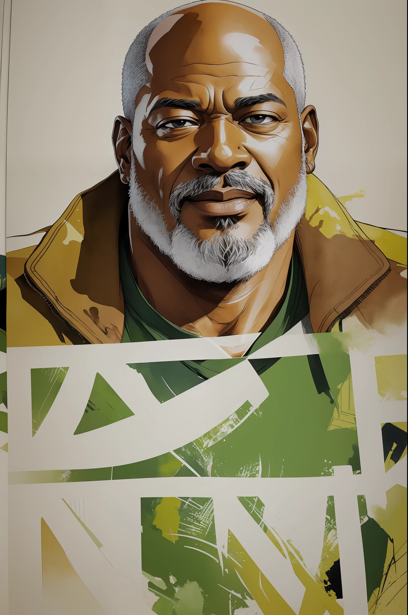 A stylized watercolor digital illustration, ordinary, fashion, middle-aged tanned overweight African-American man, age 60, big man, top angle shot, a perfect smile, extra thiny white hair, almost bald, white bearded, a big metropolis as the background, cinematic light, green shirt, cargo shorts, Art by Carne Griffiths and Wadim Kashin, Yoji Shinkawa, Peter Draws, heavenly handsome face, detailed eyes, big greek nose, perfect anatomy, natural hand poses, natural legs poses, approaching perfection, dynamic poses, luminism, highly detailed, sharp focus, full body shot, 8k UHD, masterpiece, ultra fine detail. --auto --s2