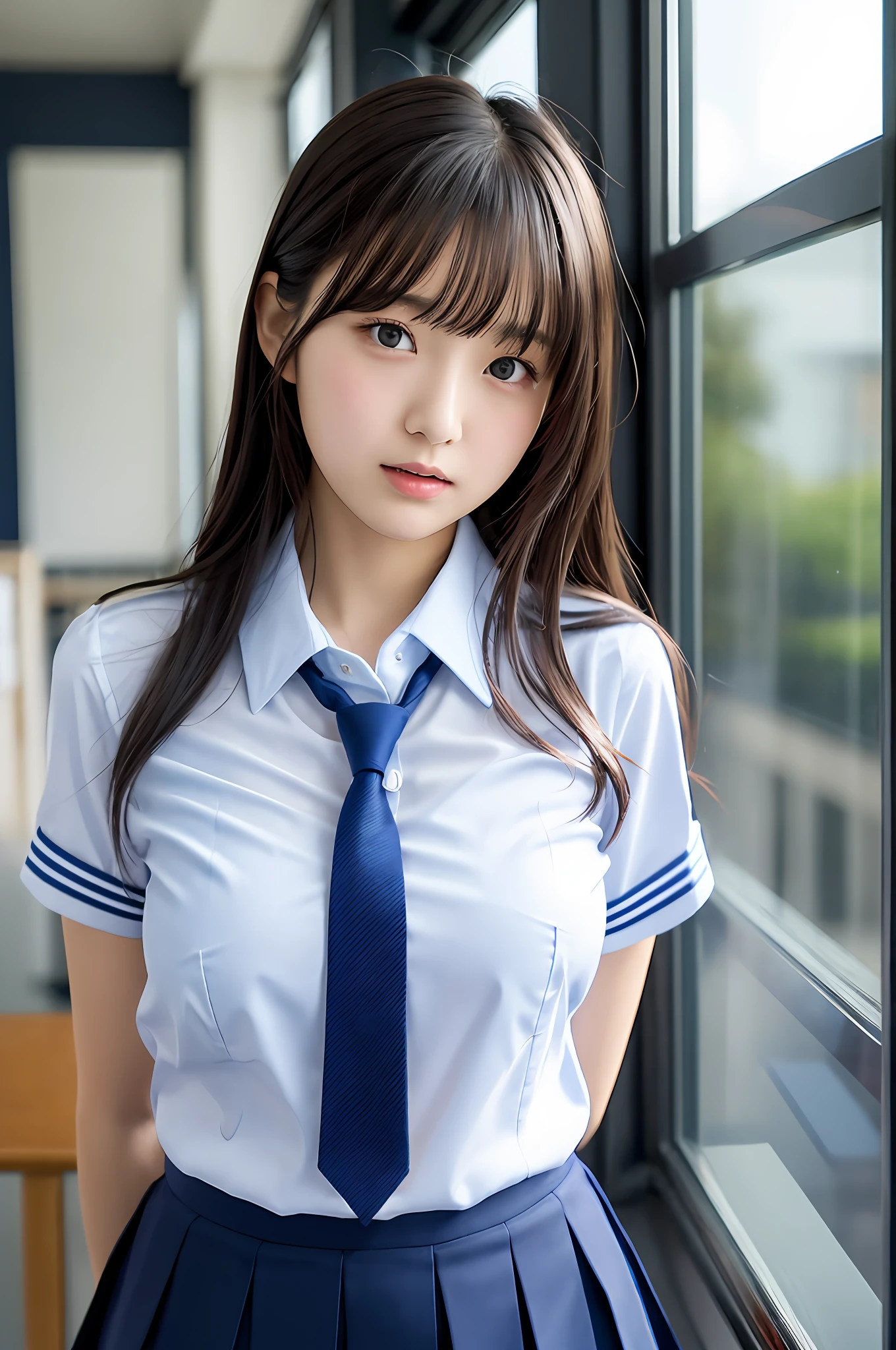 Japan girl, teenage girl, perfect figure, transparency, modest breasts, , navy blue tie, navy blue skirt, light blue shirt, gravure idol