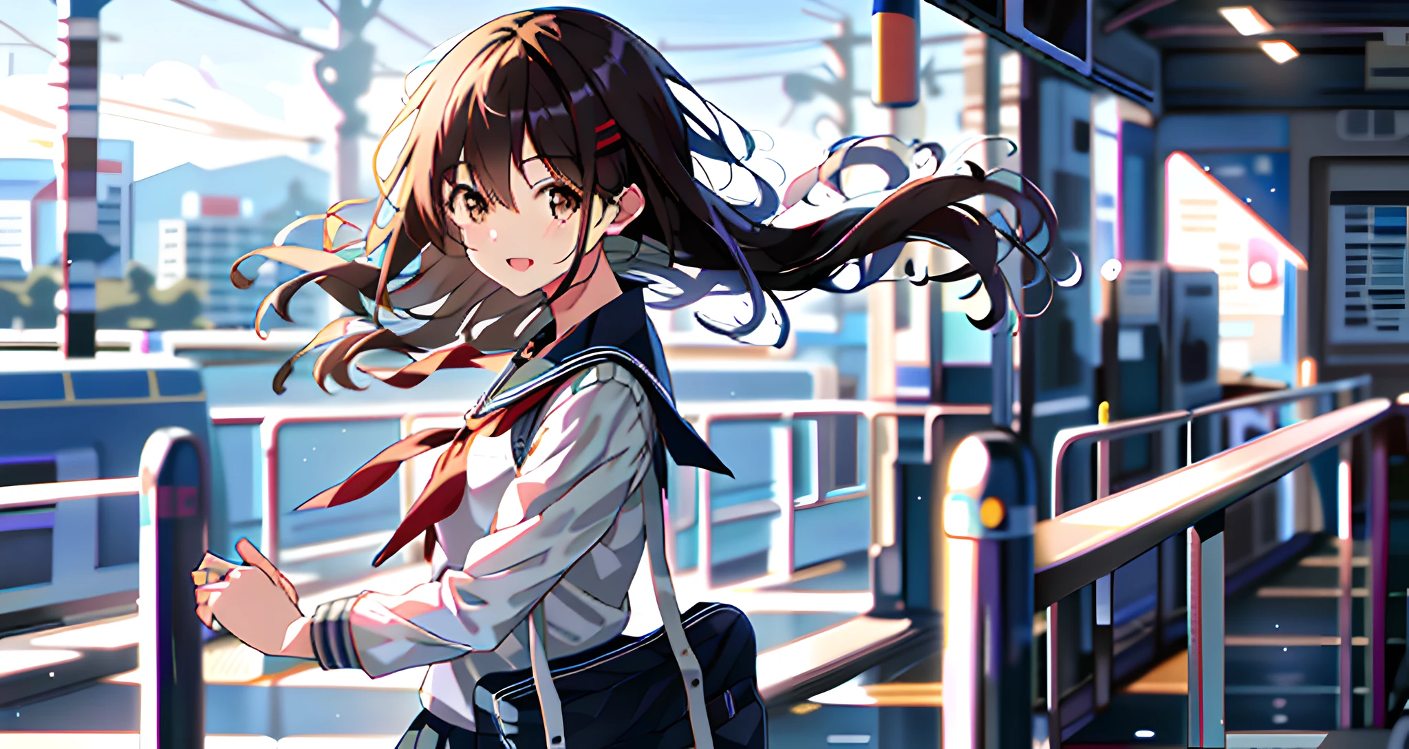 Anime girl with long hair walking on a train platform - SeaArt AI