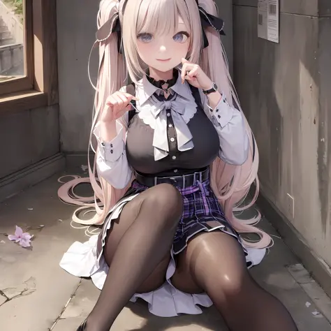 masterpiece,best quality,official art,extremely detailed CG unity 8k wallpaper, incredibly_absurdres, huge_filesize, artbook, light, solo, loli, purple hairband, blunt bangs, medium hair, platinum blonde hair, twintails, cute face, looking at viewer, laugh...