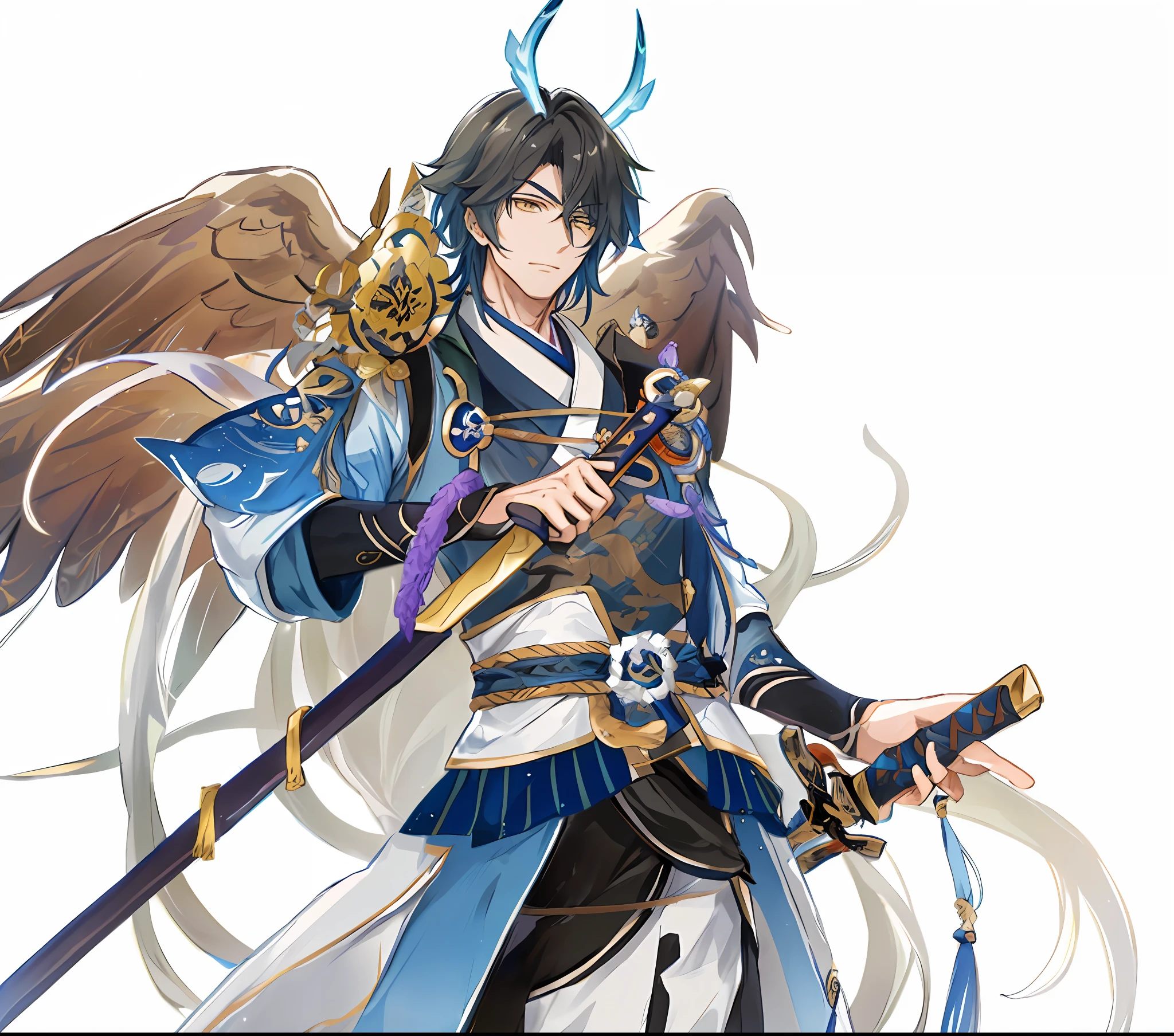 Anime characters with swords and wings holding swords and shields, Kaiqing in Genshin Impact, Nakari in Genshin Impact, Kayoshi Hirase, Genshin Impact characters, Masamune Shiro, Romann Taisho, Zhao Yun, handsome guy in demon killer art, inspired by Yellow God, Onmyoji portrait, Masamune, Genshin, (White Tiger Anthropomorphic)