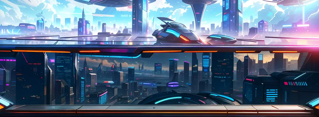 Cyberpunk, broken, there is a picture of the future city of technology, there is a horizontal wide glass transparent technology road background, gorgeous and bright background, arena background, game background, exaggerated futuristic sci-fi background, ca...