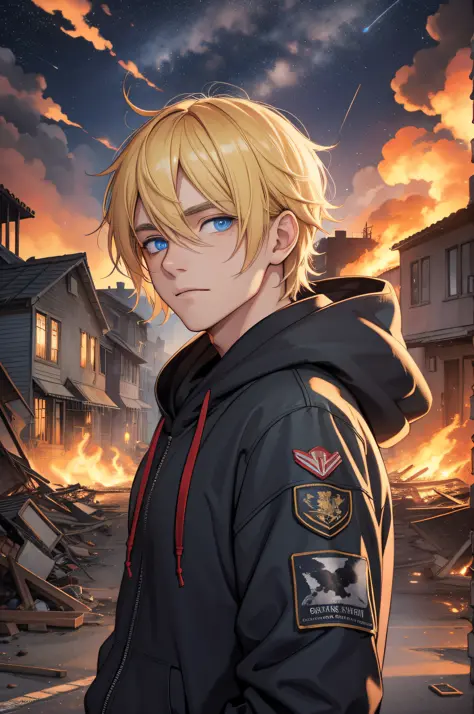 Masterpiece, high quality, absurdes, a guy, blonde hair, detailed eyes and face, blue eyes, handsome face, black hoodie, burning...