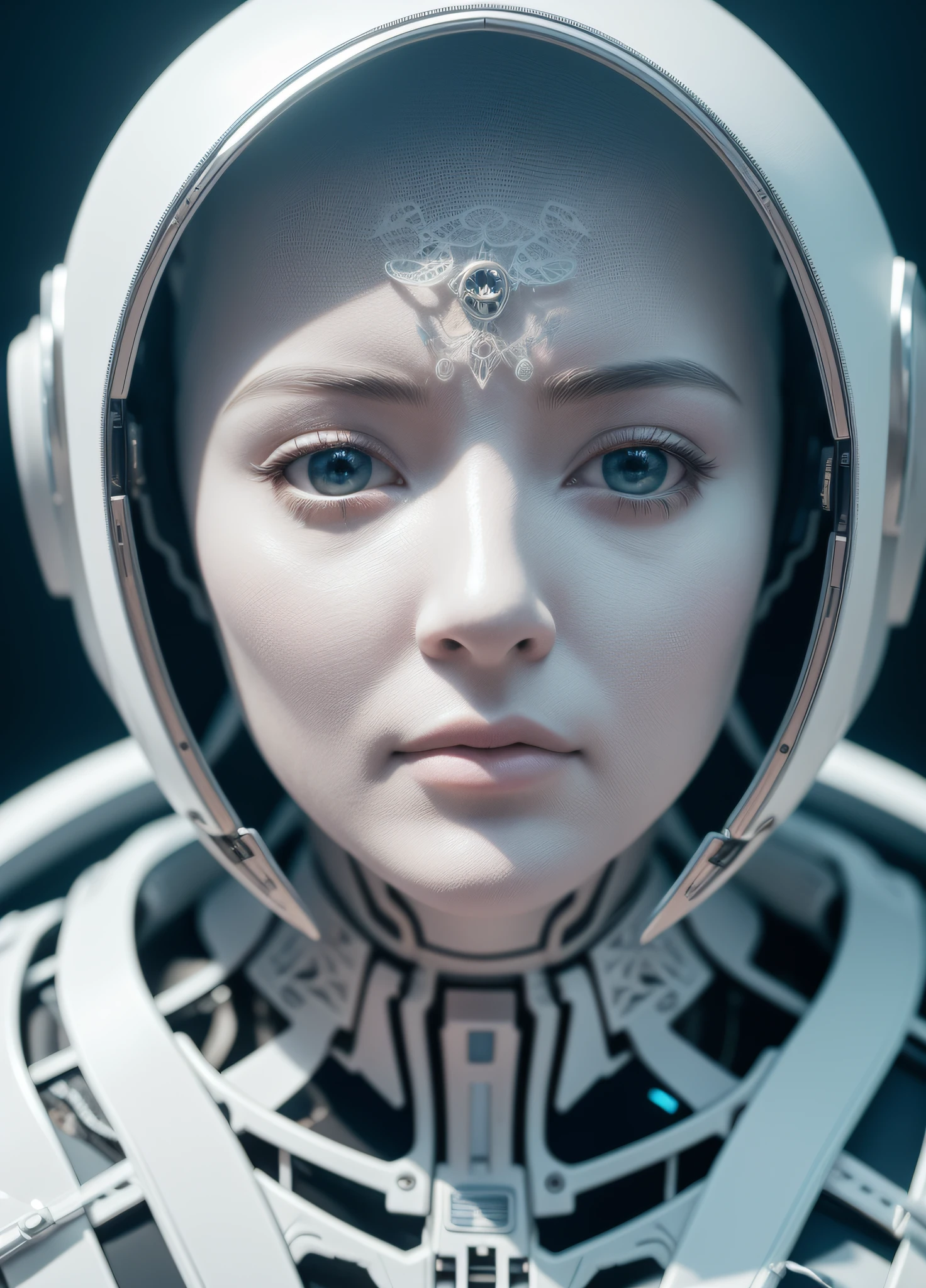 complex 3d render ultra detailed of a beautiful porcelain profile woman android face, cyborg, robotic parts, 150 mm, beautiful studio soft light, rim light, vibrant details, luxurious cyberpunk, lace, hyperrealistic, anatomical, facial muscles, cable electric wires, microchip, elegant, beautiful background, octane render, H. R. Giger style, 8k, best quality, masterpiece, illustration, an extremely delicate and beautiful, extremely detailed ,CG ,unity ,wallpaper, (realistic, photo-realistic:1.37),Amazing, finely detail, masterpiece,best quality,official art, extremely detailed CG unity 8k wallpaper, absurdres, incredibly absurdres,  robot, silver halmet, full body, sitting