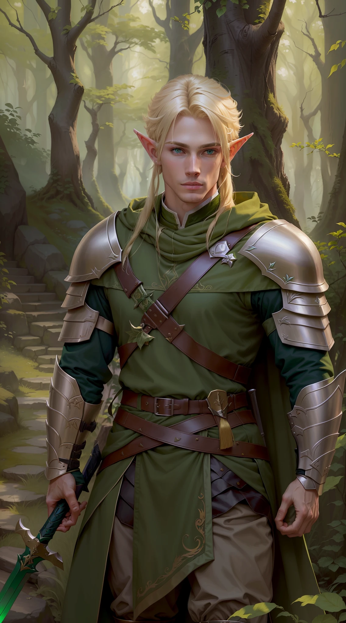 Elfe mâle aux cheveux blonds en costume vert tenant l&#39;épée dans la forêt, ranger elfe mâle, blonde ranger elfe mâle, a portrait of un elfe mâle, bel elfe mâle, mâle elfe, un elfe mâle, guerrier elfe blond, portrait d&#39;un guerrier elfe, mâle elfe voyou, portrait d&#39;un mage forestier, inspiré par Kris de Deltarune,  ((vêtements extrêmement usés))