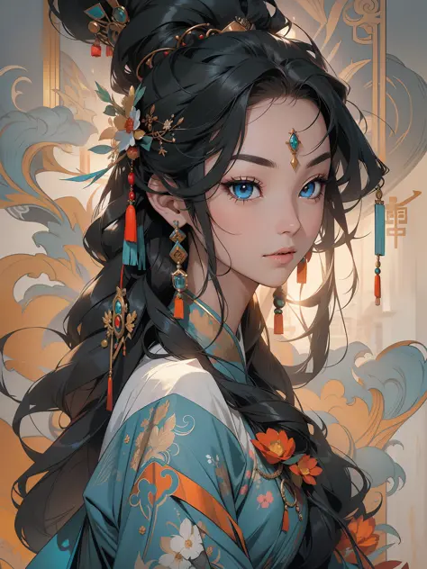 masterpiece, high quality, black_hair, 1girl, beautiful face, beautiful eyes, looking at viewer, long_hair, solo, jewelry, ancient art, Chinese,