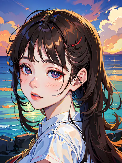 Temperament girl, delicate facial features, bangs, brown ponytail, messy hair, hair is very realistic, wearing a white shirt with short sleeves, the background is the sky, sea view, Du Qiong, exquisite makeup, light red lips, big eyes, double eyelids, blac...