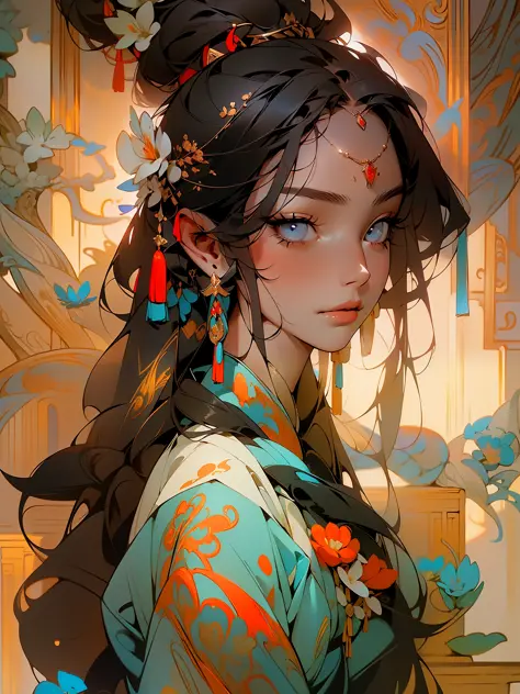 masterpiece, high quality, black_hair, 1girl, beautiful face, beautiful eyes, looking at viewer, long_hair, solo, jewelry, ancient art, Chinese,