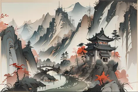A serene Chinese landscape painting of majestic mountains and meandering rivers, capturing the harmonious beauty of nature. Created in the style of delicate ink wash painting, with intricate brushstrokes and a monochromatic palette. The artwork evokes the ...