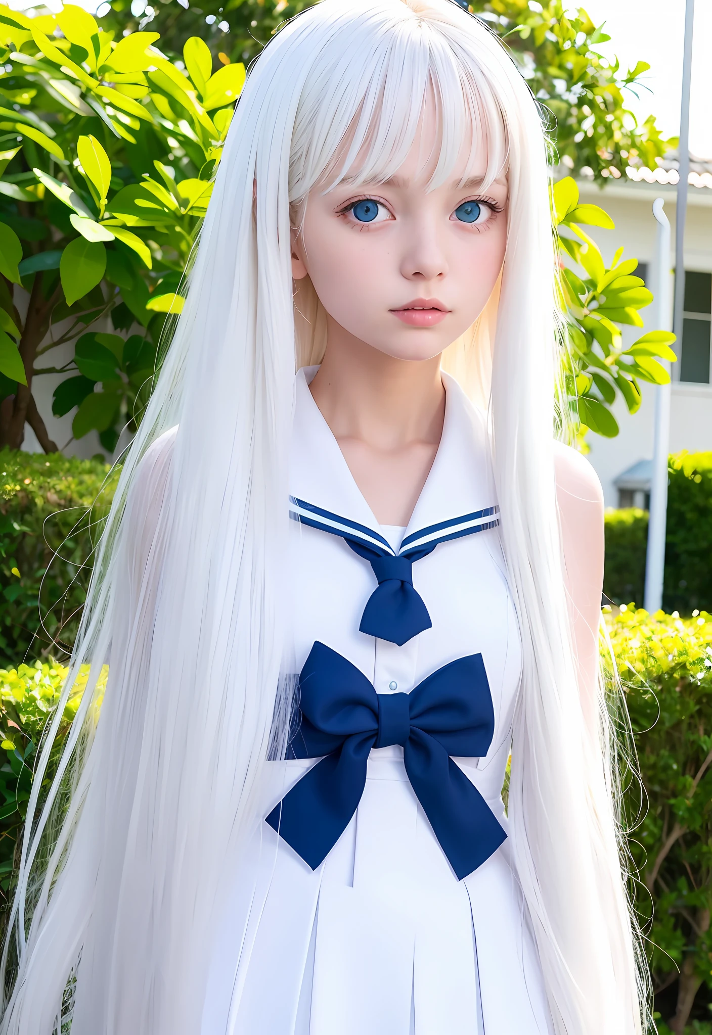 bust shot, sailor suit, school uniform, perfect beautiful Swedish beautiful girl, shiny shiny white glossy skin, cheek gloss, bangs between eyes, very long and straight beautiful platinum blonde, super long straight hair, eyeliner, sexy and beautiful 18 years old, small face, big beautiful light blue eyes, beautiful and bright girl