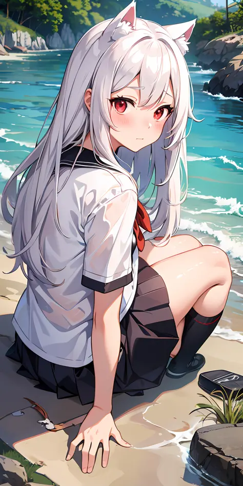 Anime girl with white hair and cat ears, red eyes, shy blush, wet school uniform, transparent cloth, water, seaside, beach, sunn...