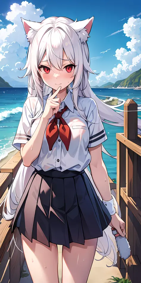 anime girl with white hair and cat ears, red eyes, shy blush, wet school uniform, transparent cloth, water, seaside, beach, sunn...