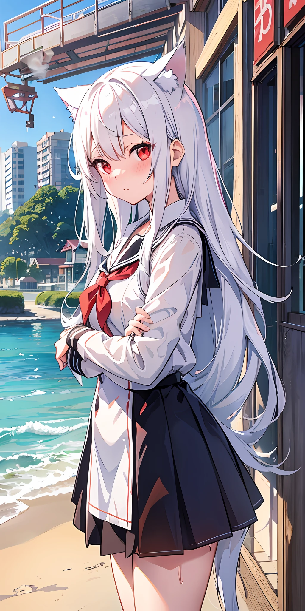 Anime girl with white hair and cat ears, red eyes, shy blush, wet school uniform, transparent cloth, water, seaside, beach, sunny