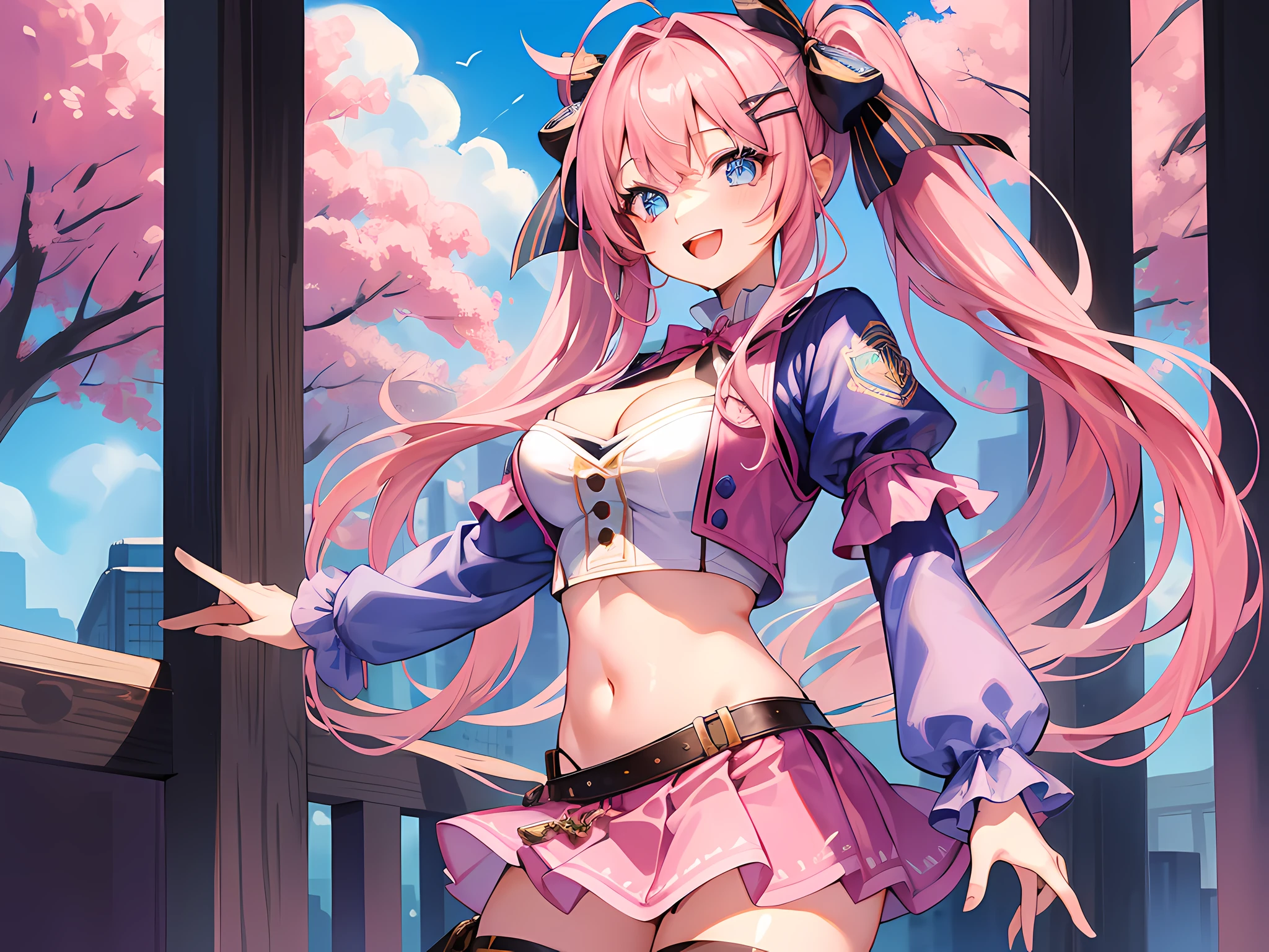 masterpiece, best quality, ultra-detailed, 1girl, hair ornament, solo, long hair, pink hair, smile, open mouth, blue eyes, half twintails, crop top, cleavage, miniskirt, hair ornament, ribbon, hair bow, outdoors