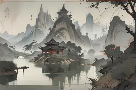 A tranquil Chinese landscape painting, lotus pond moonlight, pavilions. Towering mountains and waterfalls, created in a delicate ink painting style