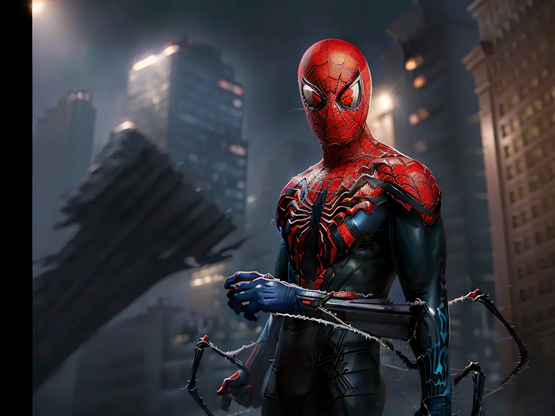 ((spider-man)), amazing lighting, enhanced contrast, dynamic position, striking expression, whole figure, controllable shadows, high-definition urban environment, costume with blue and red details, aerial views, close-up zoom in cobweb gloves, neon effect.