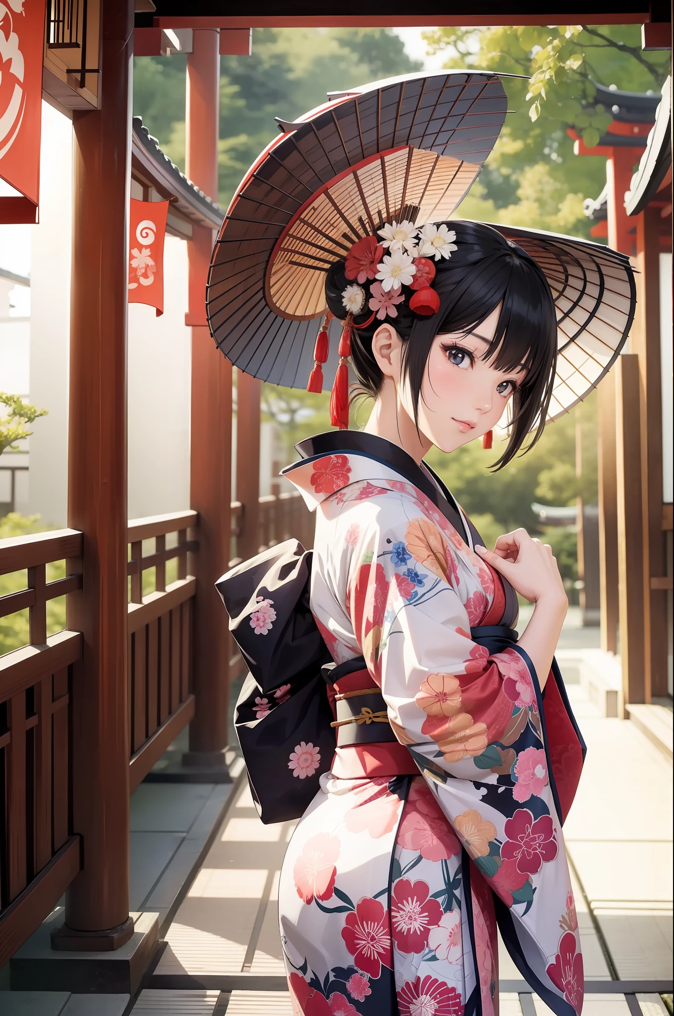 Japanese. Beautiful woman in kimono. Temple.
