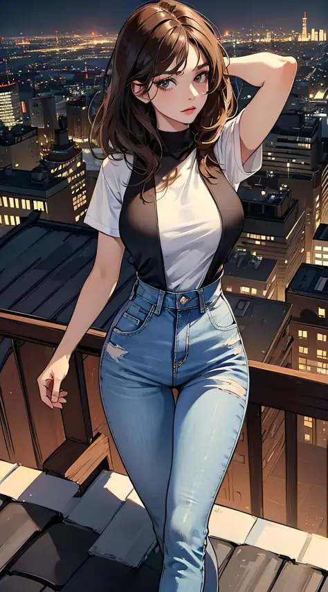 ((Midnight, Best quality, 8k, Masterpiece :1.3)), Whole body, Long legs, Sharp focus :1.2, A pretty woman with perfect figure :1.4, Slender abs :1.1, ((Dark brown hair, Big breasts :1.2)), (White tight tshirt, Jean bib, Standing:1.2), ((Night city view, Ro...