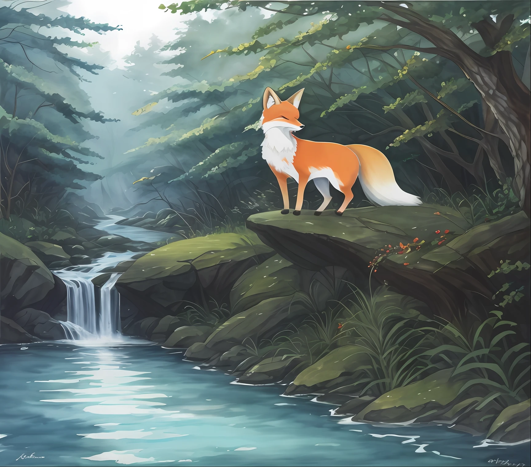 A painting, in watercolor, of an image, of a Fox, in the forest, drinking water in the river, at the fall of twilight