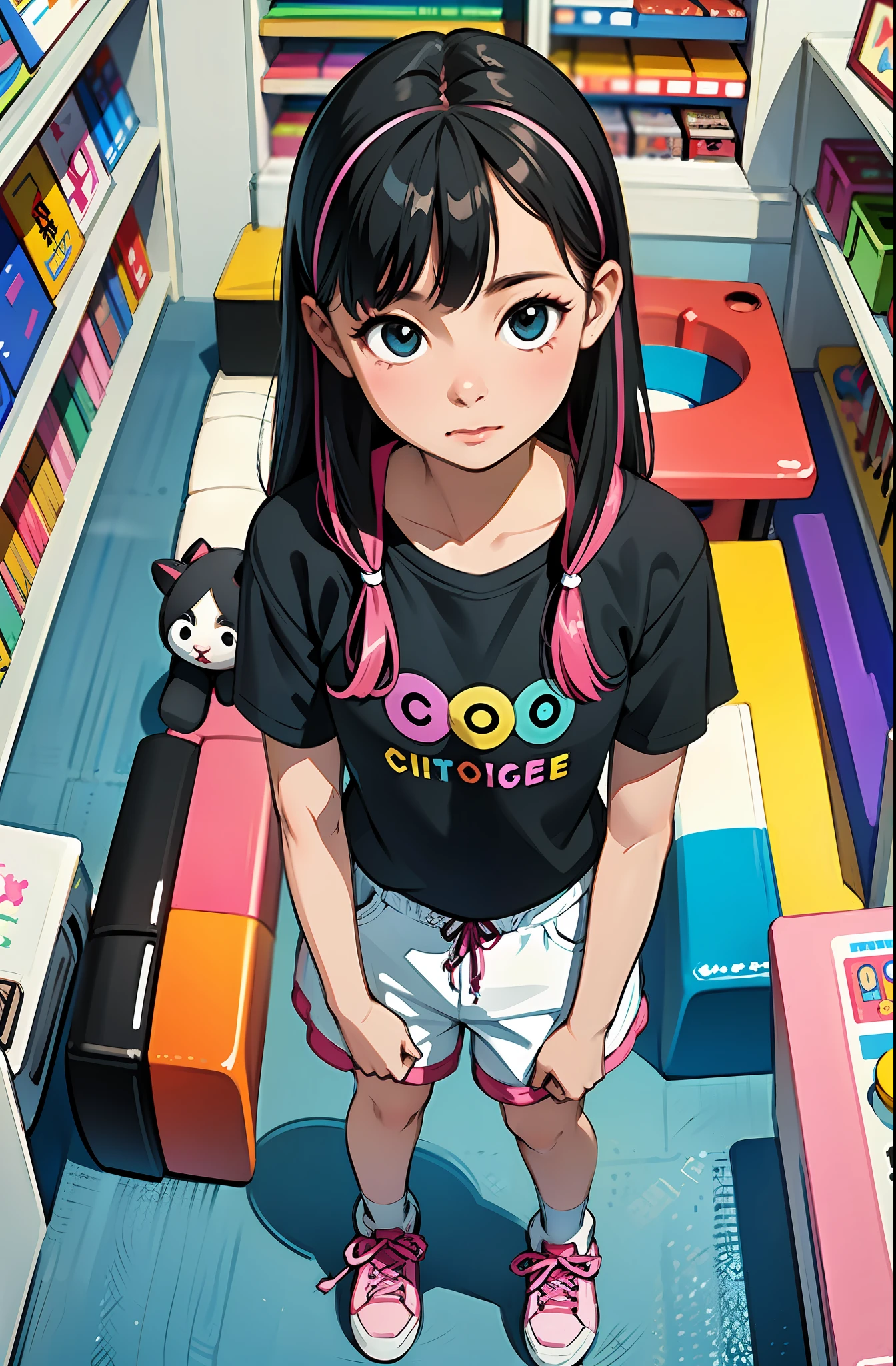 (masterpiece, best quality), (colorful:1.4), from above, solo, 1girl standing the ground of a store with lots of stuffed animals on the shelves, depth of field,full head,pinky t shirt,cute, arcade store