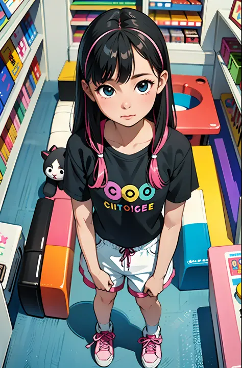 (masterpiece, best quality), (colorful:1.4), from above, solo, 1girl standing the ground of a store with lots of stuffed animals...