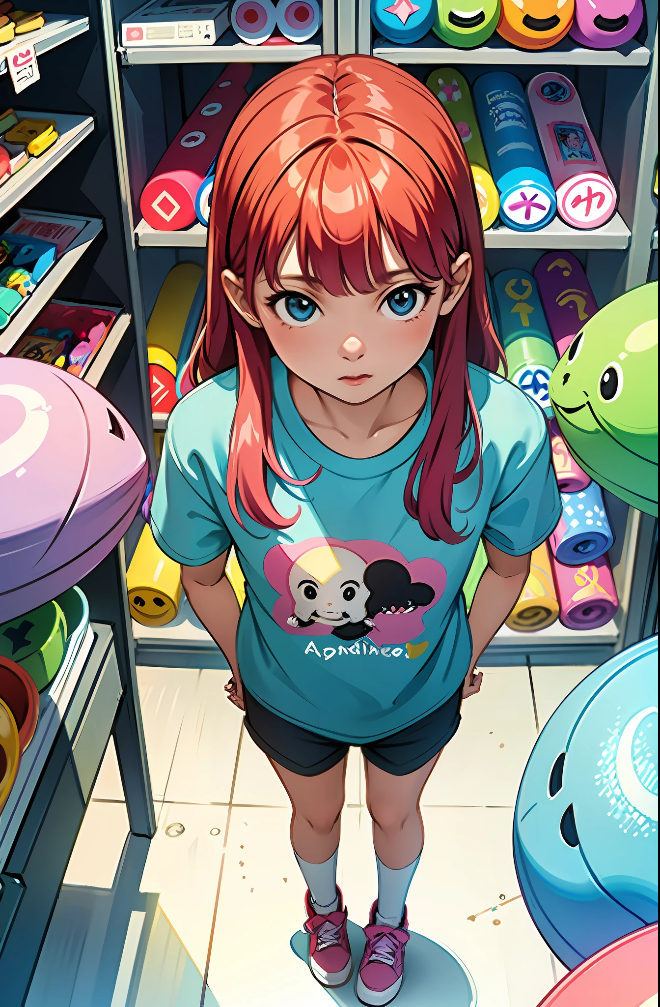 (masterpiece, best quality), (colorful:1.4), from above, solo, 1girl standing the ground of a store with lots of stuffed animals on the shelves, depth of field,full head,pinky t shirt,cute, arcade store