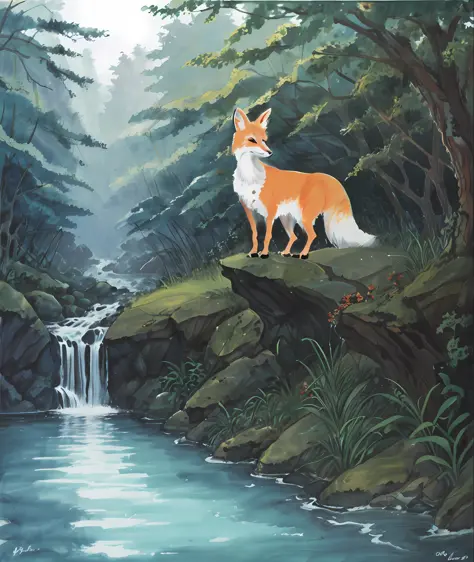 A painting, in watercolor, of an image, of a Fox, in the forest, drinking water in the river, at the fall of twilight