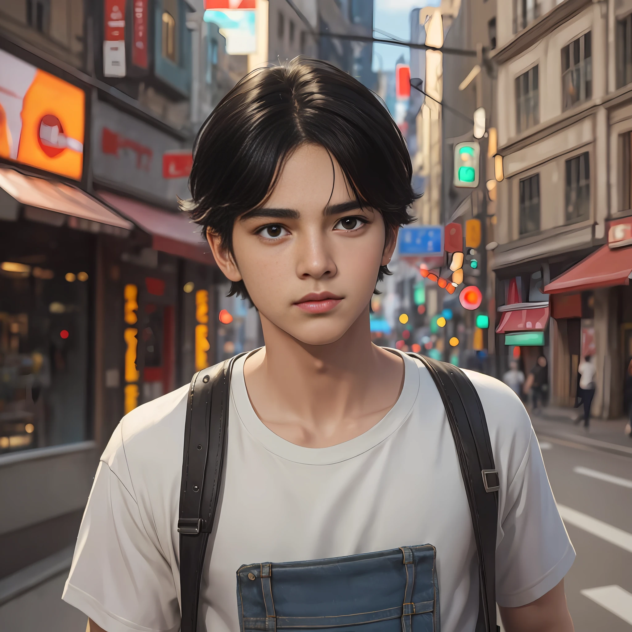 Masterpiece, best quality, (realistic, very detailed), boy, cute face, short black hair, urban clothes, sensual, atmosphere, (realism: 1.5), 8k
