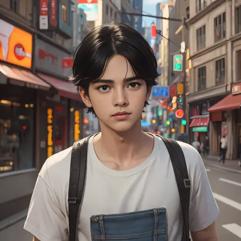 Masterpiece, best quality, (realistic, very detailed), boy, cute face, short black hair, urban clothes, sensual, atmosphere, (re...