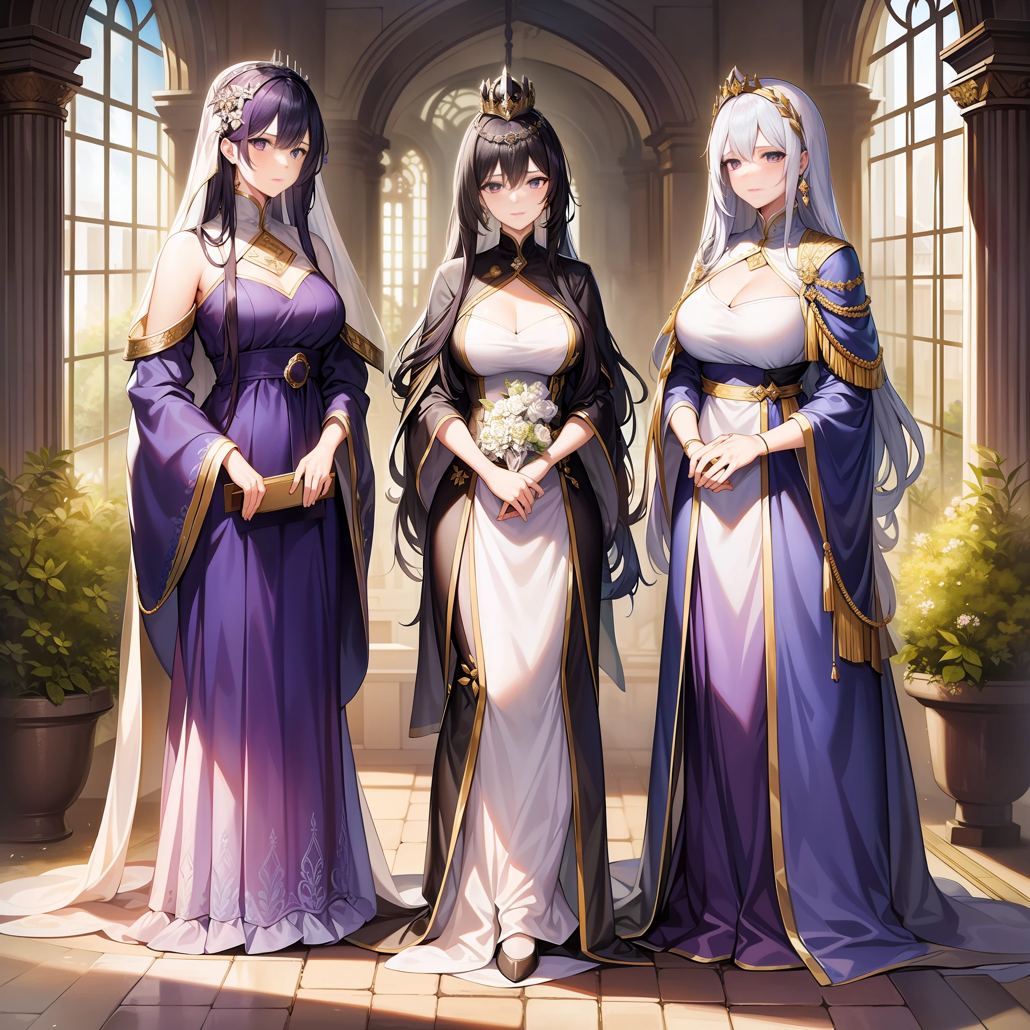 In a tall palace, three female emperors stood side by side, talking about government affairs. Among them, the black-haired female emperor wore a black robe and a golden crown on her head, she had a serious face and held a quill in her hand; The white-haired female emperor wore a white dress, a silver silk scarf, a white bow hair ornament on her head, her expression was kind, and she held a document in her hand; The purple-haired female emperor wore a purple long dress, a pair of silver high heels, and a purple garland on her head, her eyes were deep, and she held a thick scroll in her hand. Outside the huge glass windows inside the castle is a beautiful garden scene, through which sunlight spills into the hall, making the whole scene noble and gorgeous.