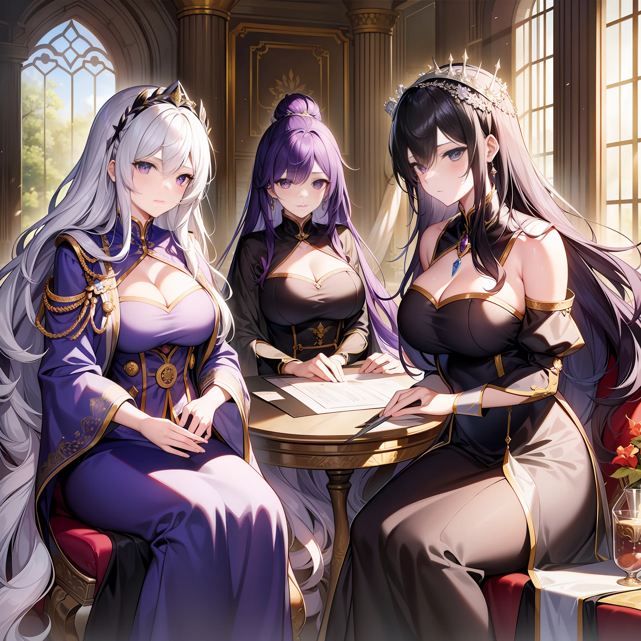 In a tall castle, three female emperors sat at a long table, talking about government affairs. Among them, the black-haired female emperor wore a black robe and a golden crown on her head, she had a serious face and held a quill in her hand; The white-haired female emperor wore a white dress, a silver silk scarf, a white bow hair ornament on her head, her expression was kind, and she held a document in her hand; The purple-haired female emperor wore a purple long dress, a pair of silver high heels, and a purple garland on her head, her eyes were deep, and she held a thick scroll in her hand. Outside the huge glass windows inside the castle is a beautiful garden scene, through which sunlight spills into the hall, making the whole scene noble and gorgeous.