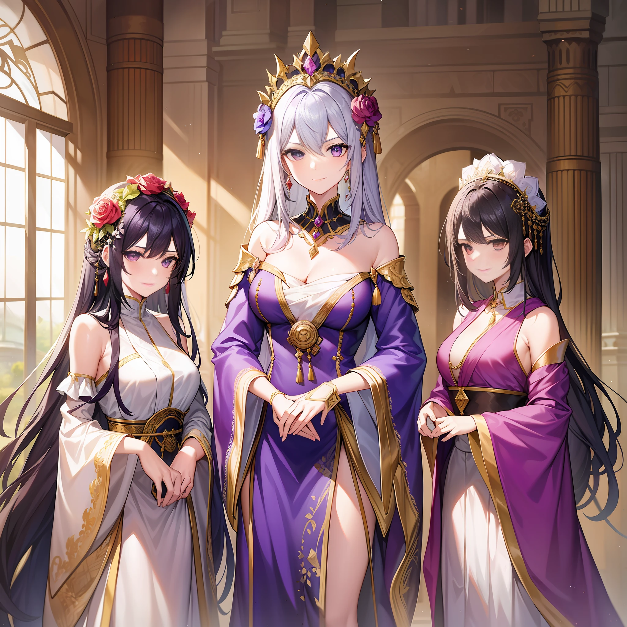 In a palace, three female emperors stood angrily side by side, among which the black-haired female emperor wore a silver shawl, her gaze firm; The white-haired emperor wore a delicate white long dress and a headdress of red rose flowers, her smile was gentle, and she held a book in her hand; The purple-haired female emperor wore a light purple dress with an emerald green flower on her head, her eyes were deep, and she held a violin in her hand.