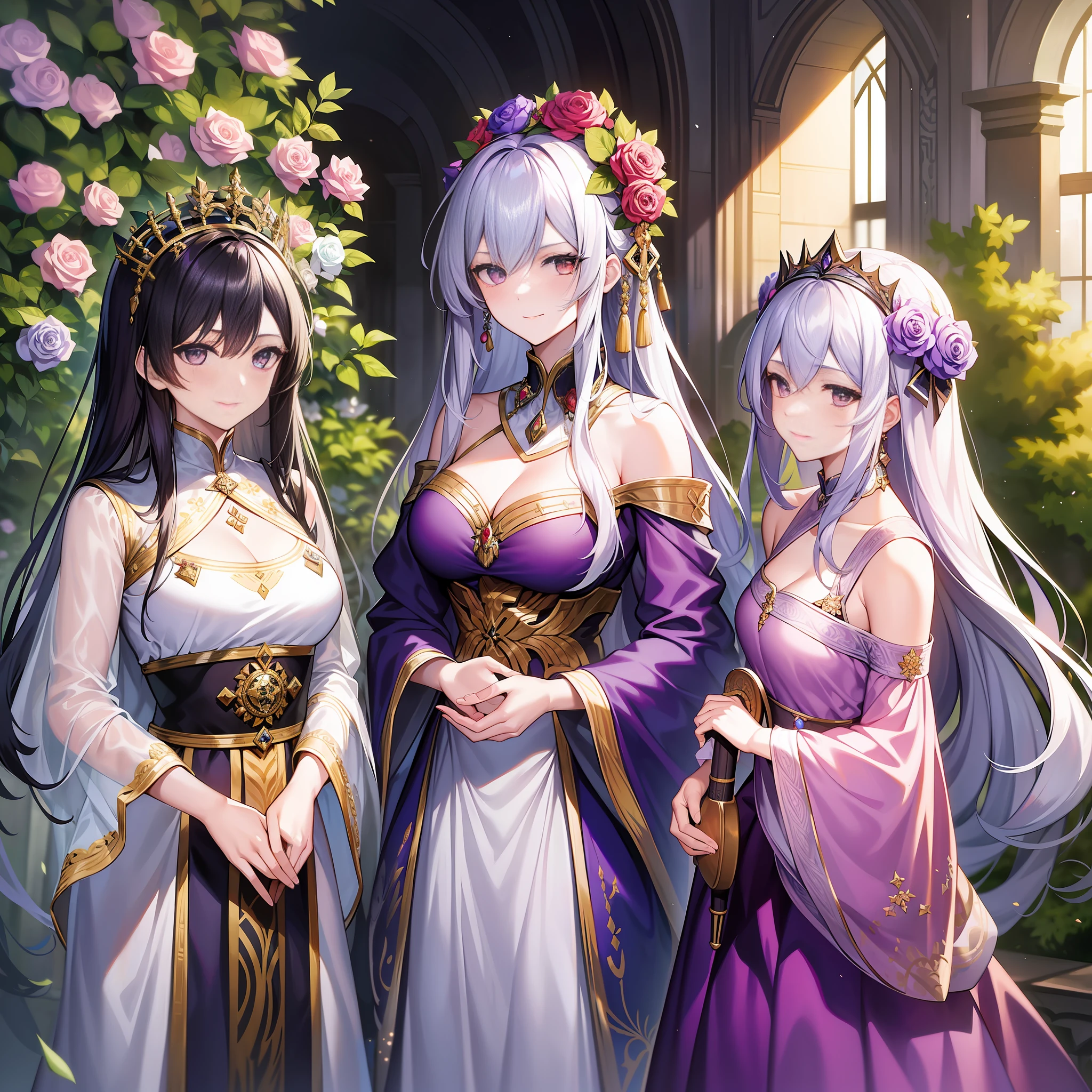 In a palace, three female emperors stood angrily side by side, among which the black-haired female emperor wore a silver shawl, her gaze firm; The white-haired emperor wore a delicate white long dress and a headdress of red rose flowers, her smile was gentle, and she held a book in her hand; The purple-haired female emperor wore a light purple dress with an emerald green flower on her head, her eyes were deep, and she held a violin in her hand.